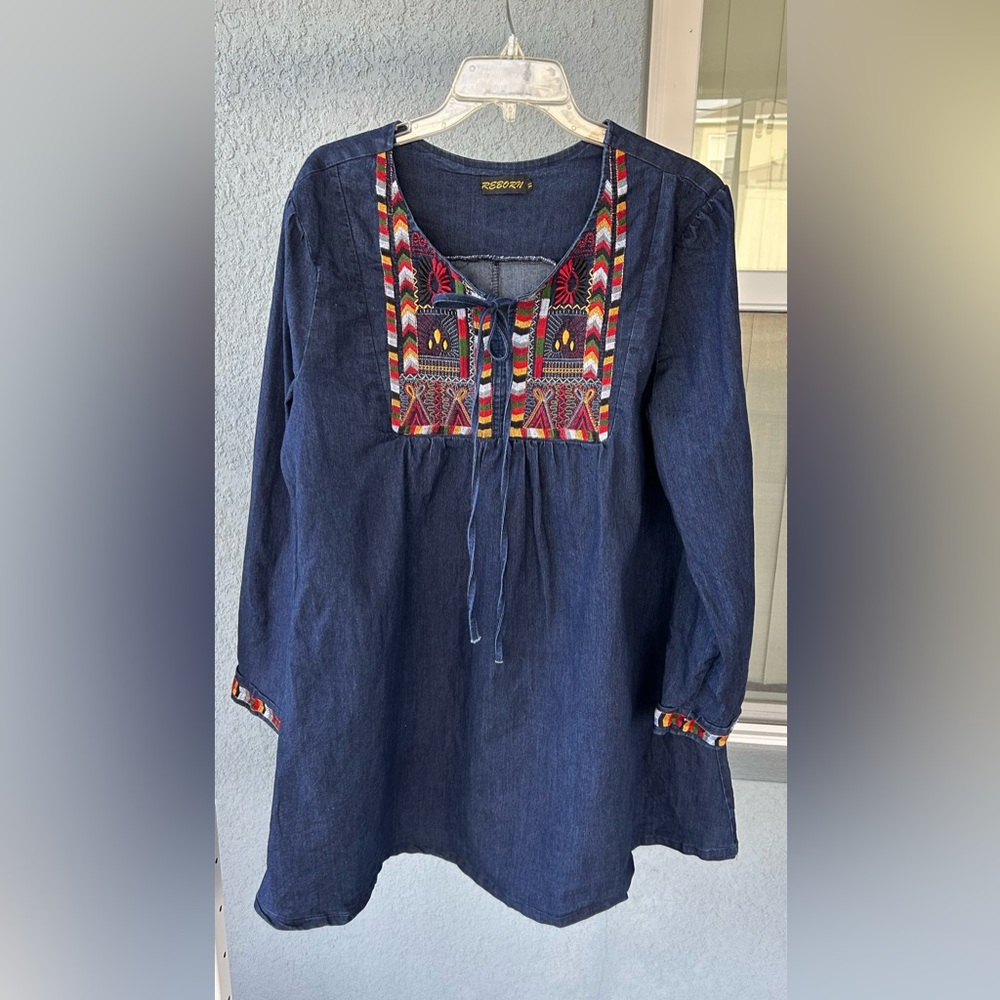 Reborn Folk Boho Peasant Embroidered Long Sleeve Babydoll Dress XL Artisan
